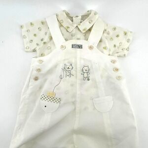 Vintage Babymini par Catimini 9M White Cat Fishing Overalls & Printed Shirt Set